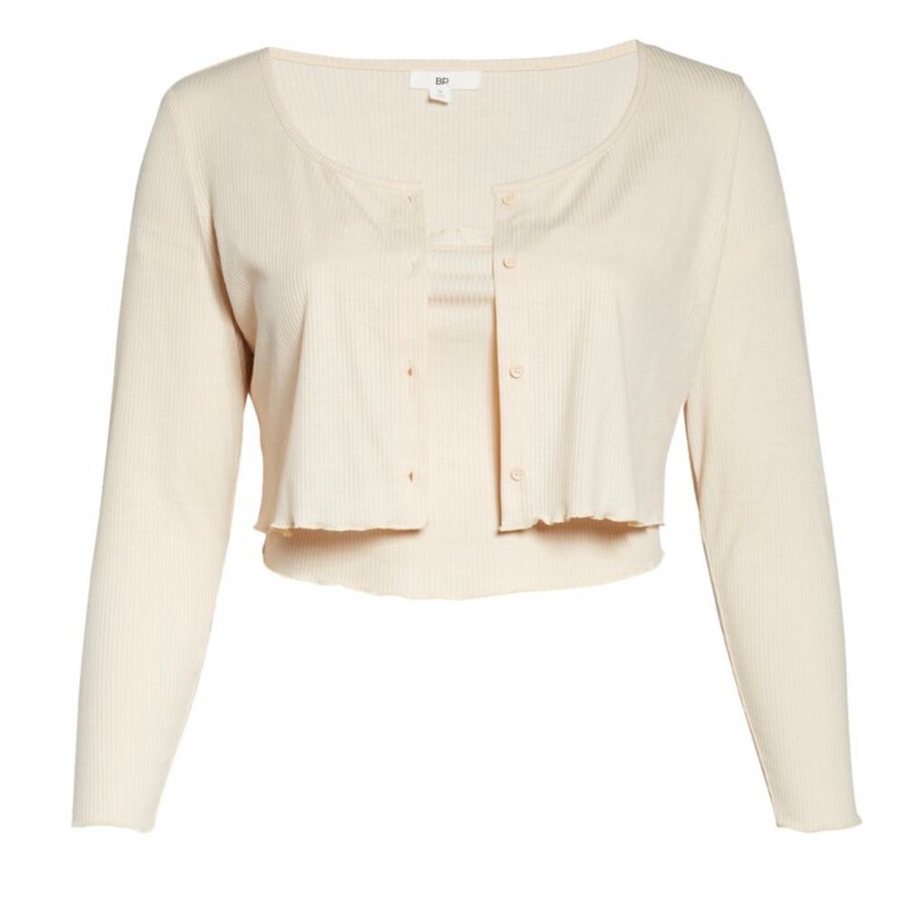 BP. Rib Crop Cardigan Camisole Set in Cream Long Sleeve Lettuce Edge